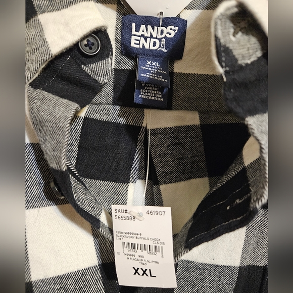 Lands' End Men's Traditional Fit Pattern Flannel Shirt Black/Ivory Buffalo Check - Picture 3 of 7